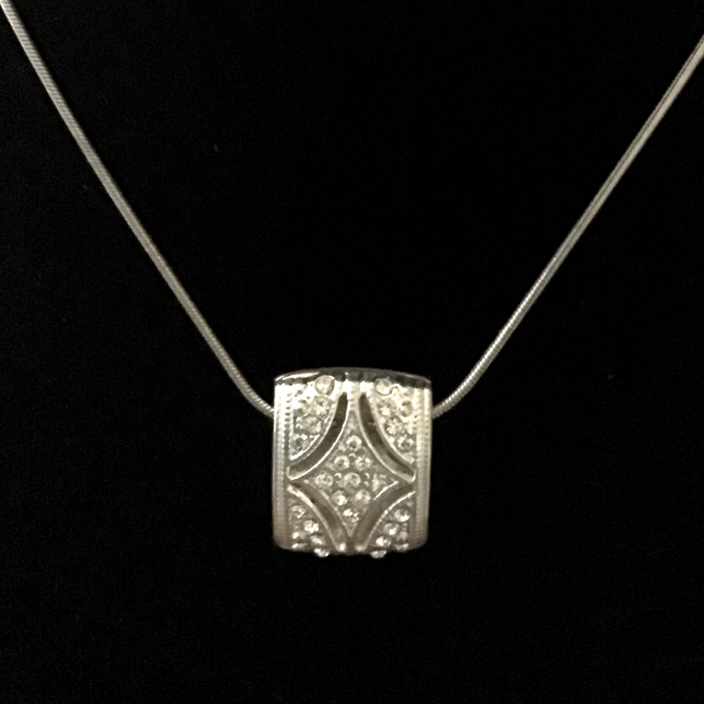 Vtg Trifari Rhinestone Silver Rectangular Pendant… - image 1